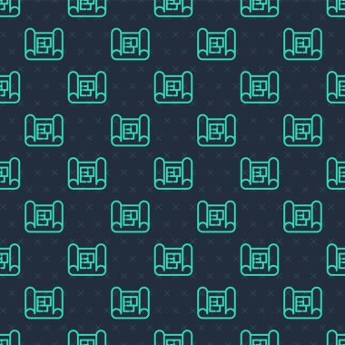 Yeşil çizgi ev planı ikonu mavi arka planda kusursuz desen izole etti. Vektör