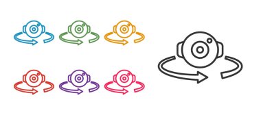 Satır 360 derece görünüm simgesini beyaz arkaplanda izole et. Sanal gerçeklik. 360 derecelik açıyla. Panorama fotoğrafı. Simgeleri renklendirin. Vektör