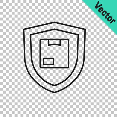 Şeffaf arkaplanda kalkan simgesi olan siyah hat teslimat güvenliği. Teslimat sigortası. Kalkanın ötesinde sigorta kutuları var. Vektör