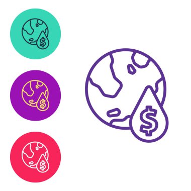 Beyaz arkaplanda dolar sembolü simgesi olan çizgi yağını ayır. Petrol fiyatı. Petrol ve petrol endüstrisi. Simgeleri renklendirin. Vektör