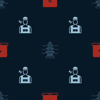 Dizüstü bilgisayarı, elektrik kulesi hattını ve elektrikçiyi kusursuz şekilde ayarla. Vektör