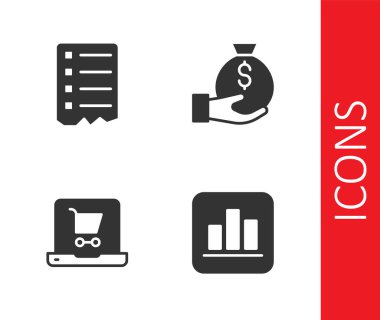 Pasta grafiği bilgisini, alışveriş listesini, ekran dizüstü bilgisayarında el arabasını ve para çantası simgesini ayarla. Vektör