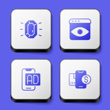 Diamond, Kişisel Bilgi Toplama, Reklamcılık ve Mobil 'i dolar simgesi ile ayarla. Beyaz kare düğme. Vektör