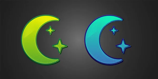 Green and blue Moon and stars icon isolated on black background. Cloudy night sign. Sleep dreams symbol. Full moon. Night or bed time sign.  Vector