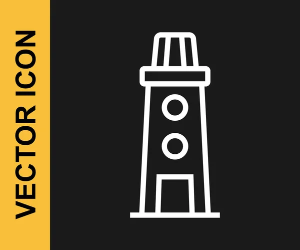 Weiße Linie Leuchtturm Symbol Isoliert Auf Schwarzem Hintergrund Vektor — Stockvektor