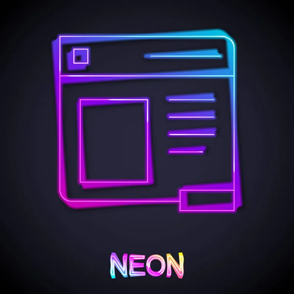 Zářící Neonová Čára Ikona Okna Prohlížeče Izolovaná Černém Pozadí Vektor — Stockový vektor