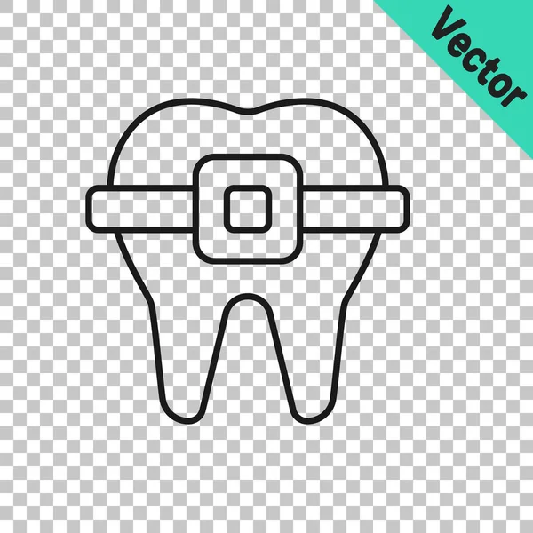 Black Line Teeth Braces Icon Isolated Transparent Background Alignment Bite — Stock Vector