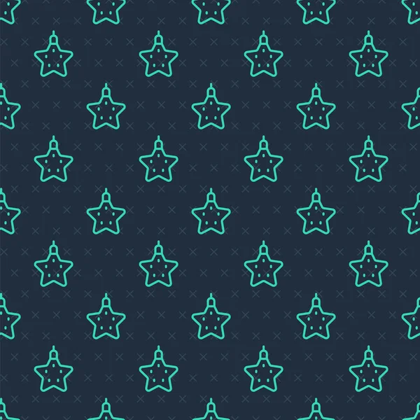Green Line Christmas Star Icon Isolated Seamless Pattern Blue Background — Stockvektor