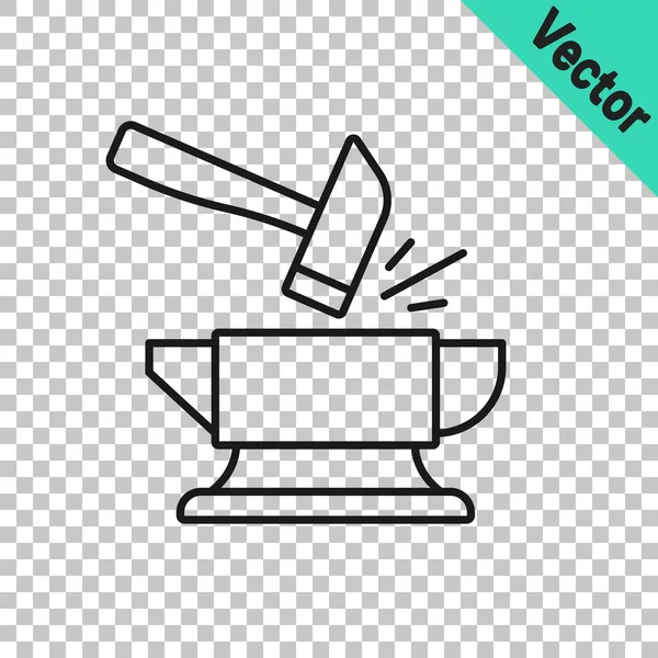 Black Line Blacksmith Anvil Tool Hammer Icon Isolated Transparent Background — Stock Vector