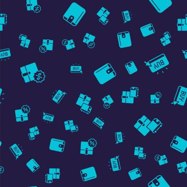 İndirimli karton kutu, Satın alma düğmesi, Cüzdan ve Teslimat kargo kamyonunu pürüzsüz desenli olarak ayarla. Vektör