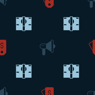 Price etiketini dolar, megafon ve kağıt para ile kusursuz desen ile ayarla. Vektör