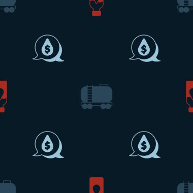 Petrol petrol test tüpünü, demiryolu sarnıçlarını ayarlayın ve dolar sembolüyle kusursuz bir desen oluşturun. Vektör