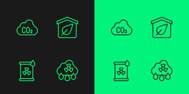 Asit yağmuru radyoaktif bulut, radyoaktif atık varili, CO2 emisyonları ve çevre dostu ev ikonu. Vektör