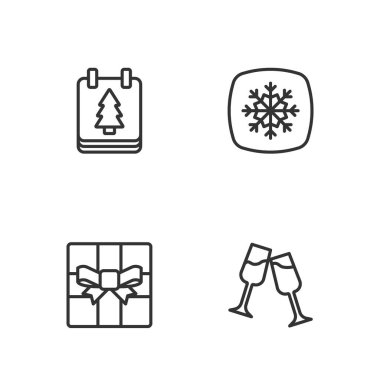 Sabit sıra şampanya, hediye kutusu, Noel takvimi ve Kar Tanesi ikonu. Vektör