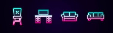 Sıralı sandalye, ofis masası, kanepe ve... Parlayan neon ikonu. Vektör