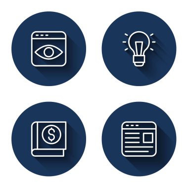 Kişisel bilgi toplama, ampul, finans kitabı ve uzun gölgeli reklamcılık. Mavi daire düğmesi. Vektör