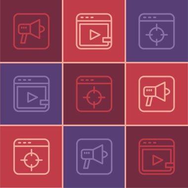 Megaphone, Hedef Finansal Hedef ve Video Reklam ikonu. Vektör