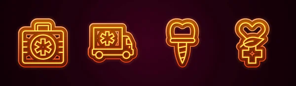 Yardım Çantası Ambulans Arabası Diş Implantı Ethnoscience Ayarlayın Parlayan Neon — Stok Vektör
