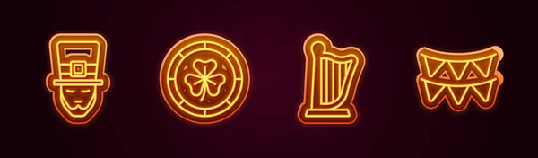 设置线形利普琴 黄金利普琴硬币 哈普和嘉年华带有国旗的花环 发光的霓虹灯图标 — 图库矢量图片