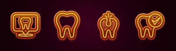 Установить Линию Стоматологическая Клиника Местоположение Зуб Сломанный Зуб Светящаяся Неоновая — стоковый вектор