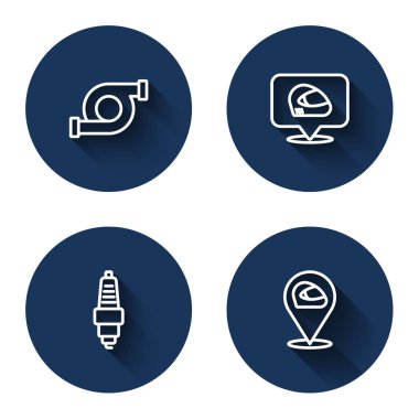 Otomotiv turbo şarj aleti, yarış kaskı, buji ve uzun gölgeli bir araba ayarla. Mavi daire düğmesi. Vektör