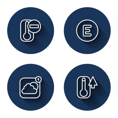 Hat termometresi, pusula batıya, hava tahmini uygulaması ve uzun gölgesi var. Mavi daire düğmesi. Vektör