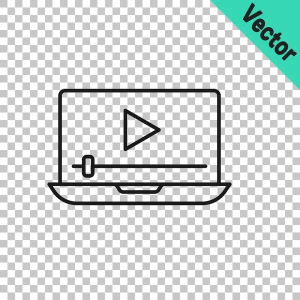 黑线在线播放视频图标隔离在透明的背景下 带游戏标志的笔记本电脑和电影胶片 — 图库矢量图片