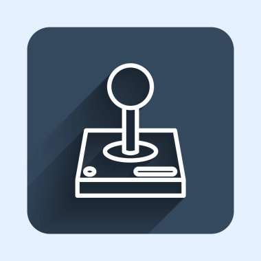 Oyun makinesi simgesi için beyaz çizgi Joystick uzun gölge arkaplanı ile izole edilmiş. Joystick oyun alanı. Mavi kare düğme. Vektör