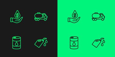 Motor yağı, fıçı, yağ damlası, dolar sembolü ve kamyon ikonu için hat kutusunu ayarlayın. Vektör