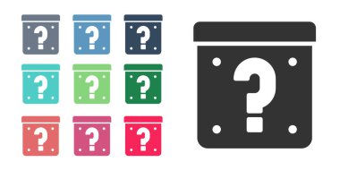 Beyaz arkaplanda izole edilmiş oyun simgesi için Siyah Gizem kutusu veya rastgele ganimet kutusu. Soru işareti. Bilinmeyen sürpriz kutu. Simgeleri renklendirin. Vektör