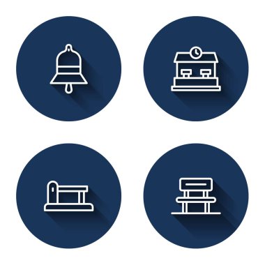 Tren istasyonu zilini, tren yolunu, bariyeri ve bekleme salonunu uzun gölgeli ayarla. Mavi daire düğmesi. Vektör