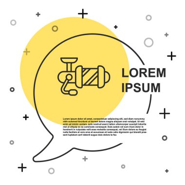 Beyaz arka planda izole edilmiş balık ikonu için siyah halat makarası. Balık bobini. Balık oltası. Rastgele dinamik şekiller. Vektör