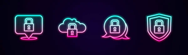 设置行锁 云计算锁和屏蔽安全性 发光的霓虹灯图标 — 图库矢量图片