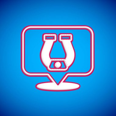 Mavi arka planda beyaz at nalı simgesi izole edildi. Vektör