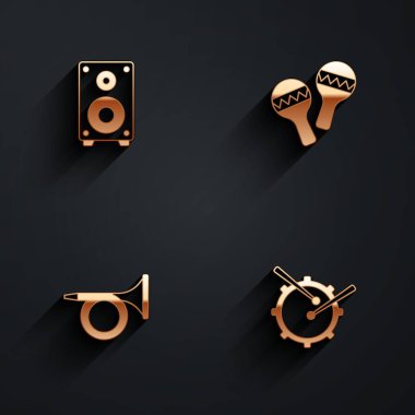 Stereo hoparlörünü, Maracas 'ı, Trompet' i ve davul sopası ikonunu uzun gölgeli ayarla. Vektör