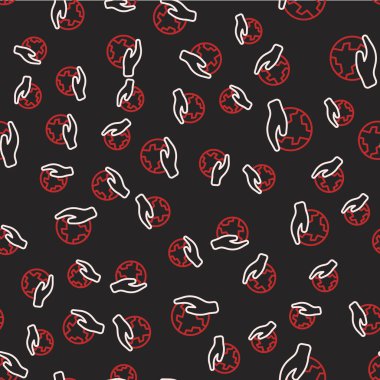 Dünya 'nın simgesini tutan çizgi insan eli siyah arkaplanda izole edilmiş kusursuz desen. Dünya kavramını sakla. Vektör