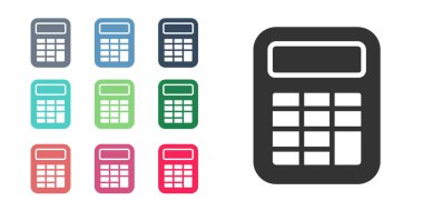 Siyah Hesap Makinesi simgesi beyaz arkaplanda izole edildi. Muhasebe sembolü. İş hesaplamaları matematik eğitimi ve finans. Simgeleri renklendirin. Vektör