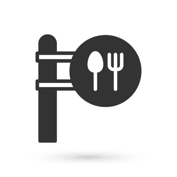 灰色咖啡店和餐厅的位置图标孤立在白色背景上 叉子和勺子的标志里面的针尖 — 图库矢量图片
