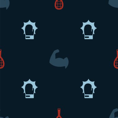 Tenis raketini ayarla, vücut geliştirici kaslarını gösteriyor ve kusursuz desenli boks eldivenlerini yumrukluyor. Vektör