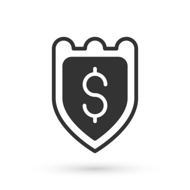 Beyaz arka planda dolar sembolü olan gri kalkan. Güvenlik kalkanı koruması. Para güvenliği konsepti. Vektör