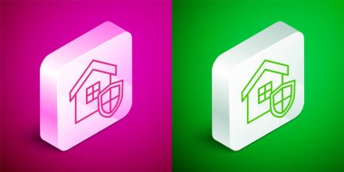 Isometric line House with shield icon isolated on pink and green background. Insurance concept. Security, safety, protection, protect concept. Silver square button. Vector