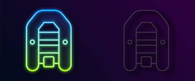 Parlak neon hattı şişirilebilir tekne dış motor ikonu siyah arkaplanda izole edilmiş. Vektör