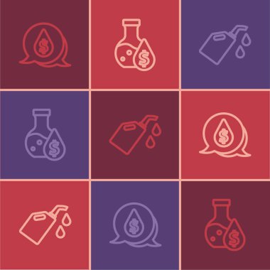 Yağ damlasını dolar sembolü ile ayarla, motor yağı ve benzin test tüpü ikonu için teneke kutu. Vektör