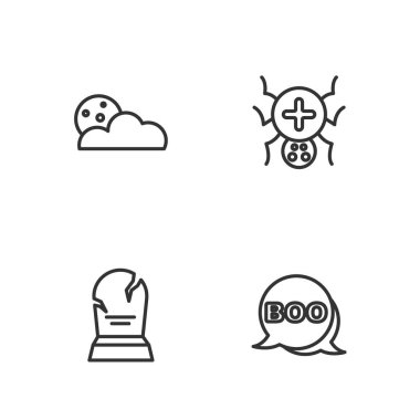 Boo konuşma baloncuğu çizgisi, RIP yazılı Tombstone, Ay ve yıldızlar ve Örümcek ikonu. Vektör