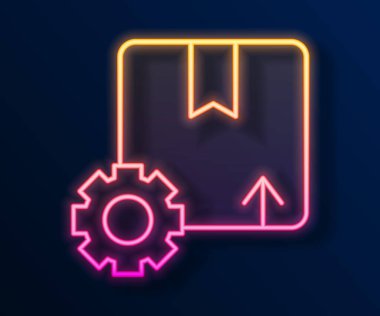 Siyah arkaplanda izole edilmiş paket kutusu simgesiyle parlayan neon hat dişlisi. Kutu, paket, paket işareti. Teslimat ve ambalaj. Vektör