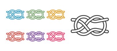 Beyaz arkaplanda izole edilmiş çizgi Denizcilik halat düğümleri simgesi belirleyin. İp düğümlendi. Simgeleri renklendirin. Vektör