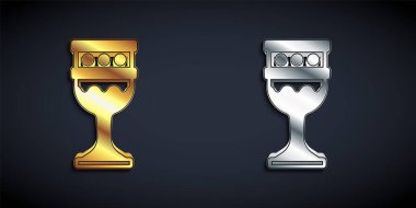 Siyah arka planda izole edilmiş altın ve gümüş Ortaçağ kadeh ikonu. Kutsal Kase. Uzun gölge tarzı. Vektör