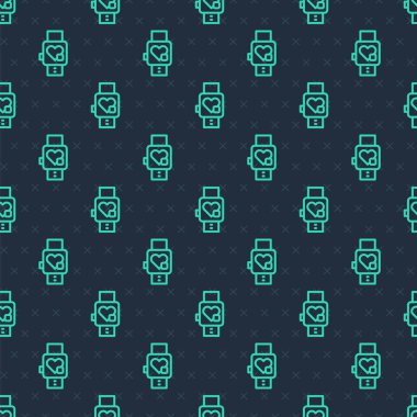 Yeşil çizgi. Akıllı saat kalp atış hızı simgesini gösteriyor. Mavi arkaplanda kusursuz desen var. Fitness uygulaması konsepti. Vektör