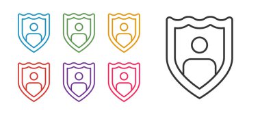 Beyaz arkaplanda kalkan simgesi olan bir hayat sigortası ayarla. Güvenlik, güvenlik, koruma, konsept koruma. Simgeleri renklendirin. Vektör