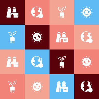 Pop Art Factory üretimini, Dünya 'nın erimesini küresel ısınmayı, elektrik prizi yaprağını ve Güneş enerjisi panel ikonunu ayarla. Vektör